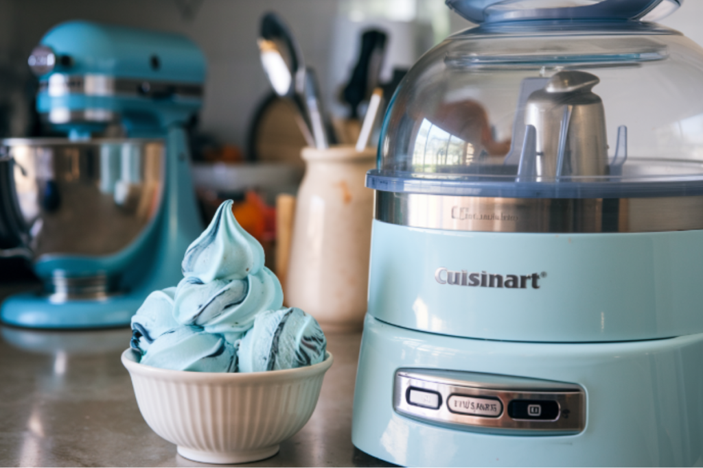 Cuisinart ice cream maker with a bowl of freshly made ice cream



