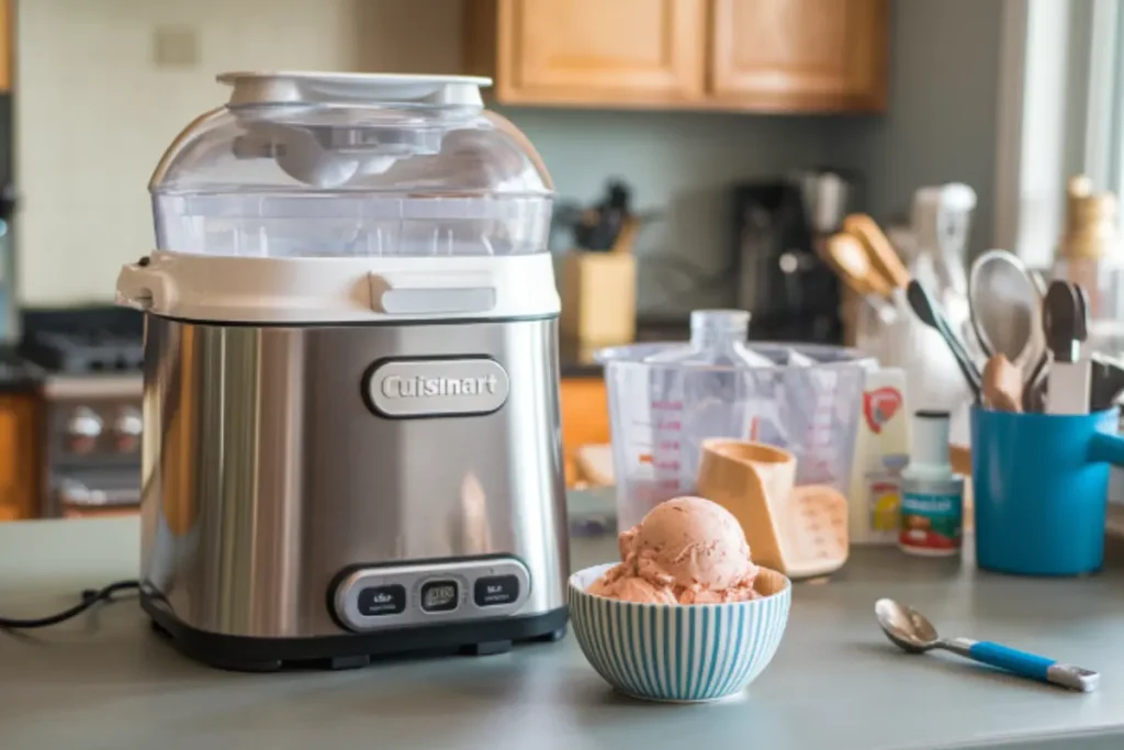 Cuisinart ice cream maker with a bowl of freshly made ice cream

