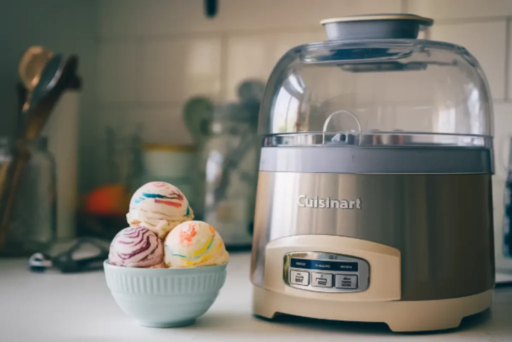 Cuisinart ice cream maker with a bowl of freshly made ice cream

