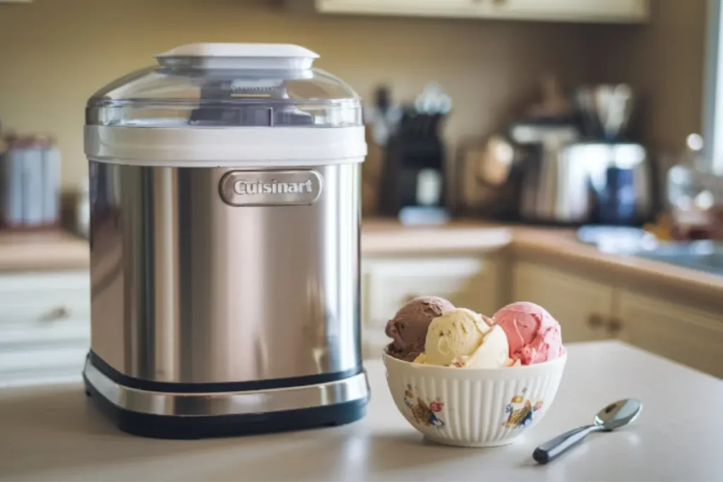 Cuisinart ice cream maker with a bowl of freshly made ice cream

