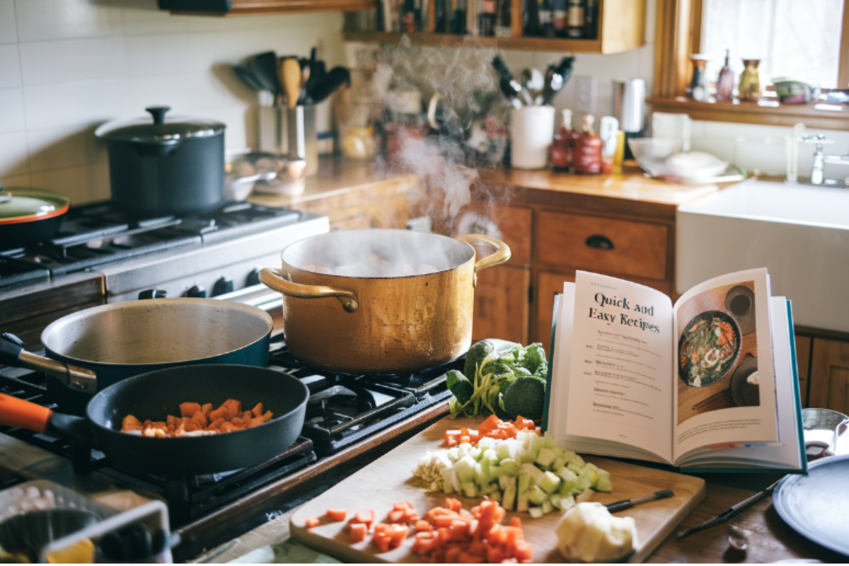 Busy kitchen with pots and pans, chopped vegetables, and an open cookbook titled "Quick and Easy Recipes." Steam rising from a pot.