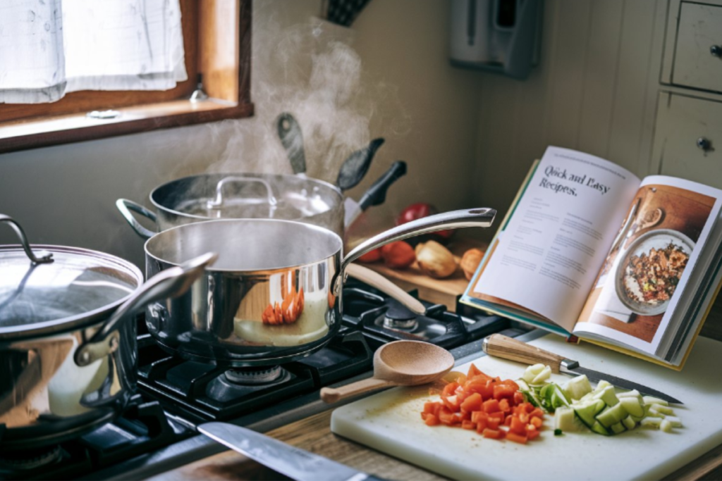 Busy kitchen with pots and pans, chopped vegetables, and an open cookbook titled "Quick and Easy Recipes." Steam rising from a pot.