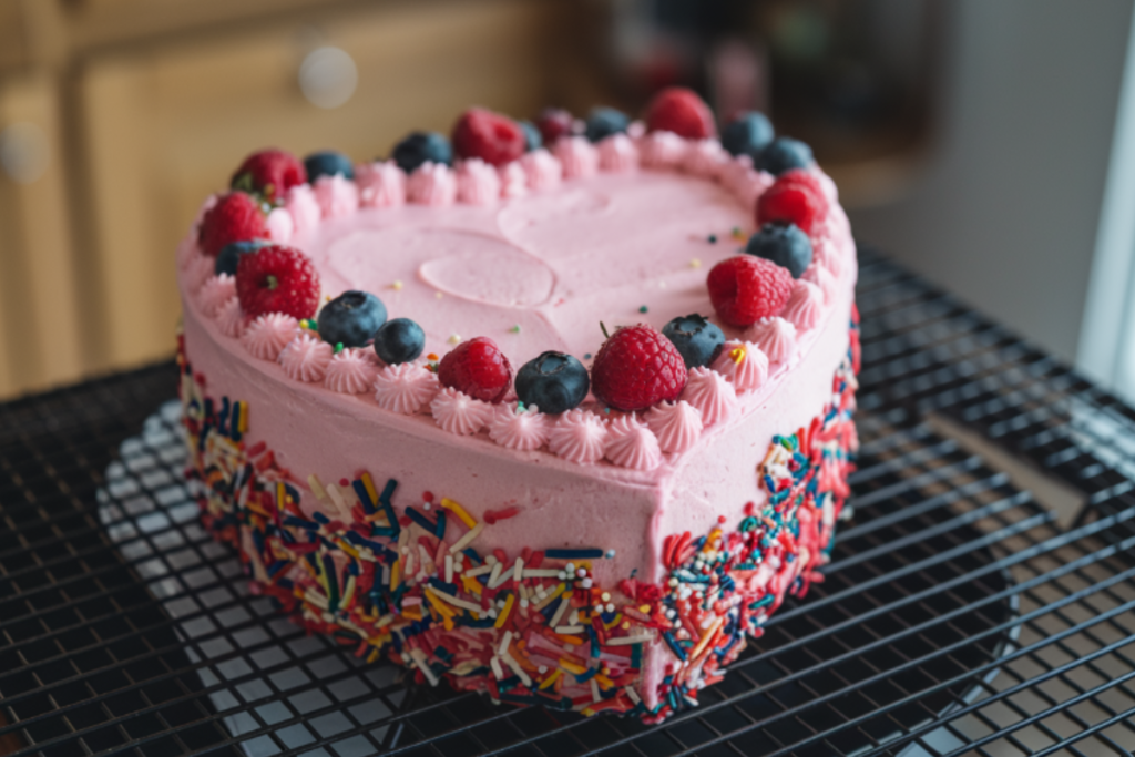 Heart-shaped cake with pink frosting, decorated with sprinkles and fresh berries on a cooling rack.

