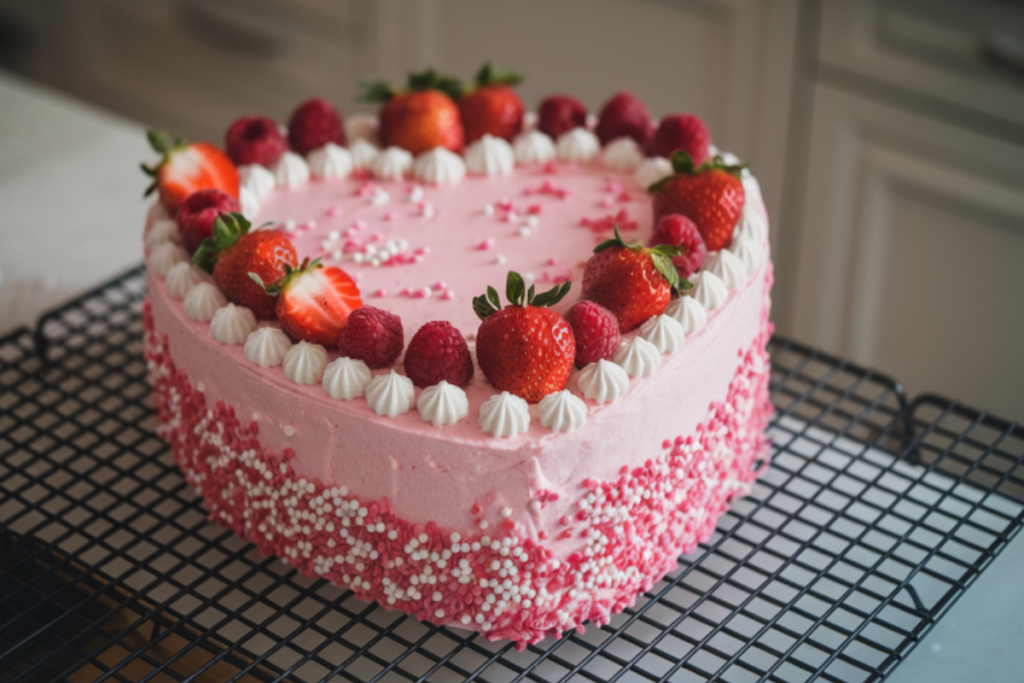 Heart-shaped cake with pink frosting, decorated with sprinkles and fresh berries on a cooling rack.

