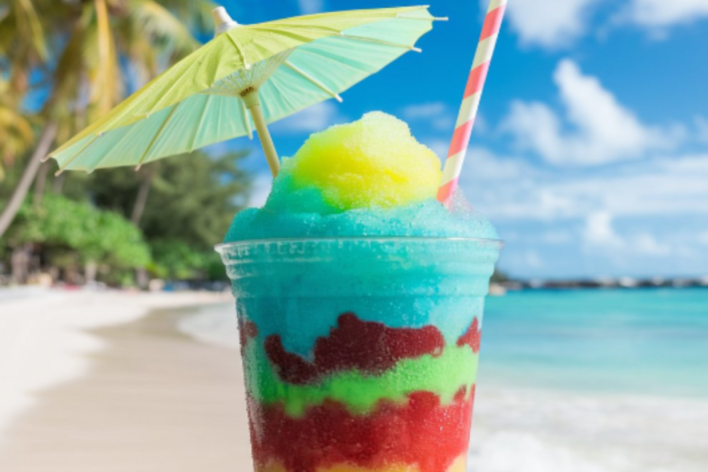 Refreshing slushie with vibrant colors, topped with a straw, perfect for a hot summer day.