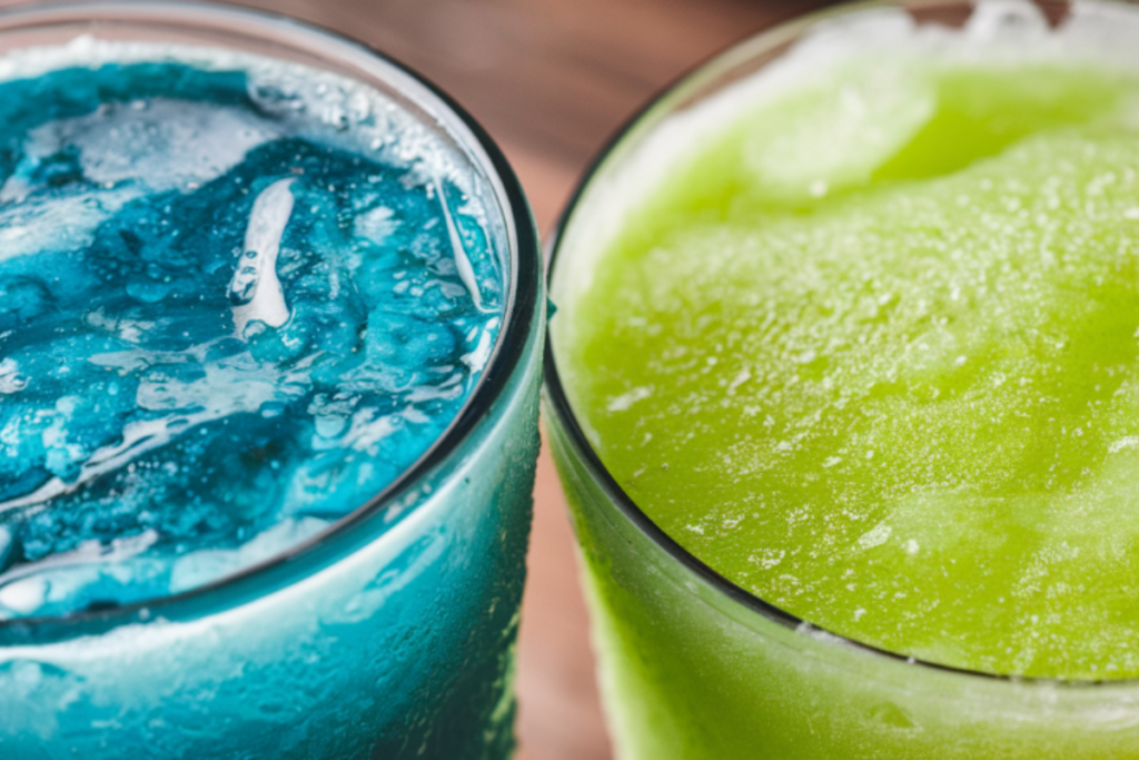 Close-up of a vibrant Icee and Slushie side by side, showcasing the texture and color differences between the two frozen drinks.