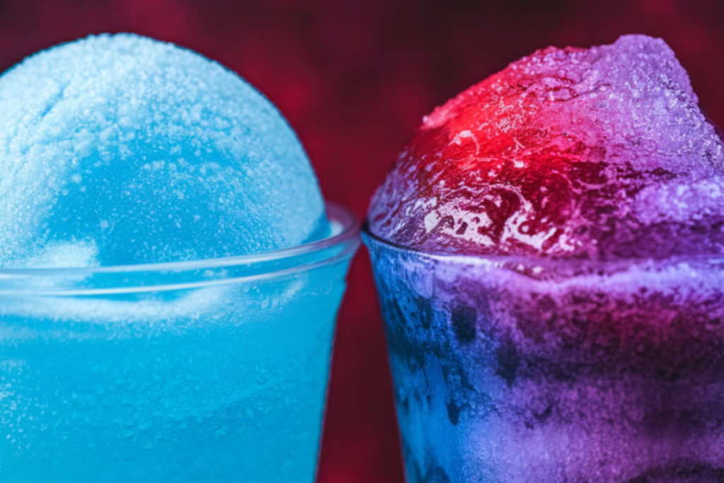 Close-up of a vibrant Icee and Slushie side by side, showcasing the texture and color differences between the two frozen drinks.