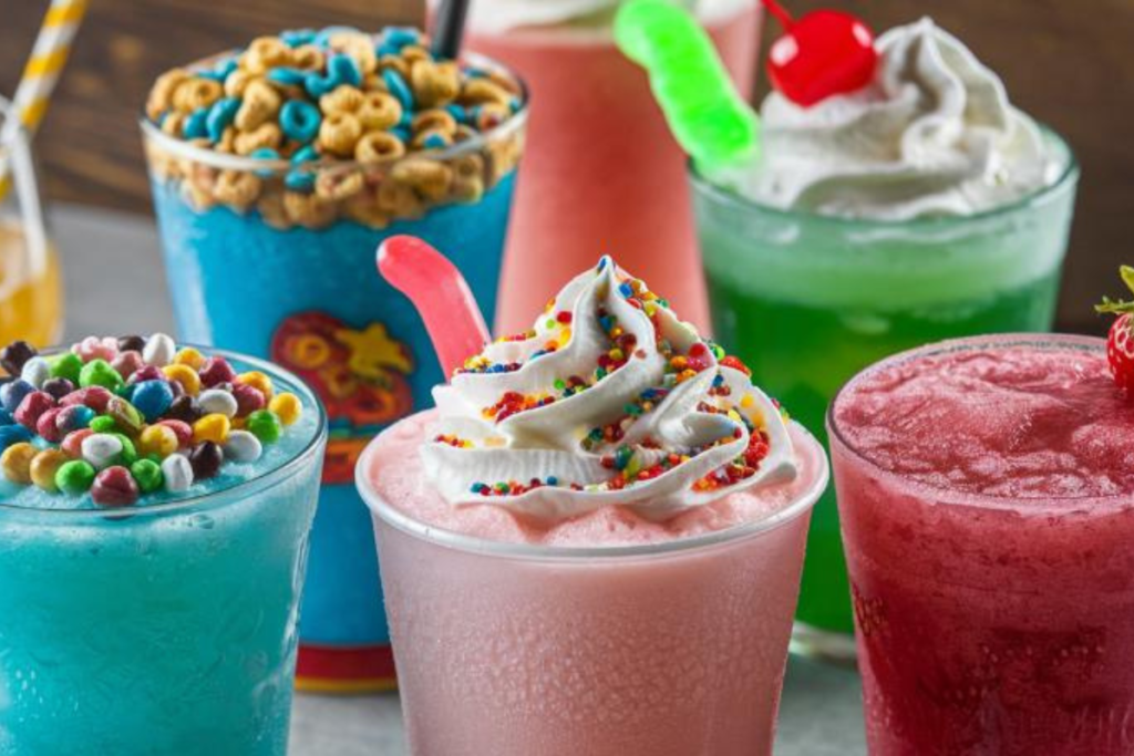 A colorful assortment of alcoholic slushies in various flavors, served in frosty glasses.