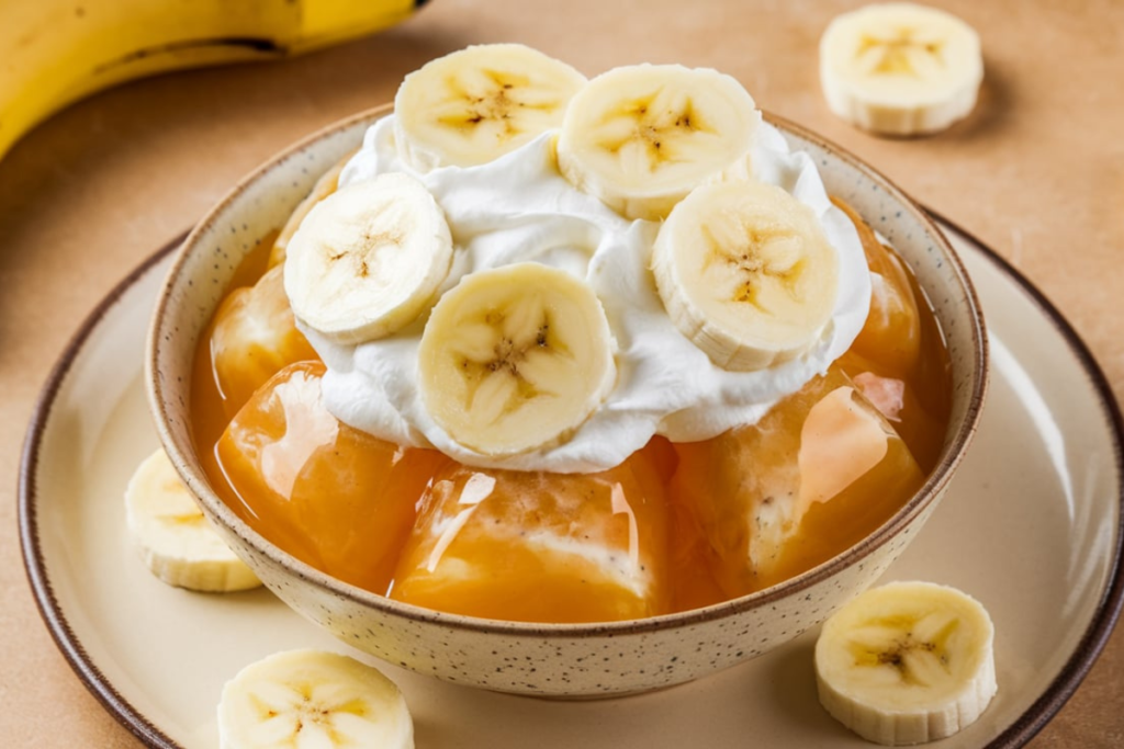 An image showcasing a vibrant yellow bowl of Banana Jell-O, garnished with fresh banana slices and a dollop of whipped cream, served in a white dish.