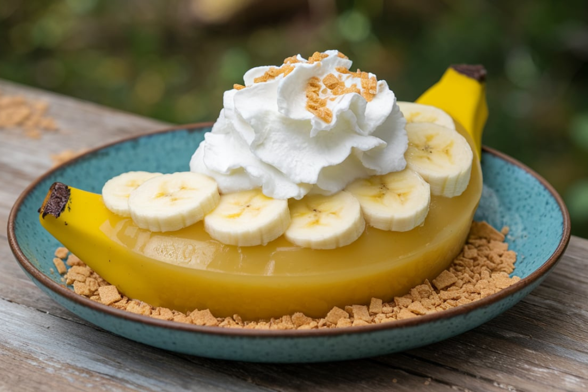 A bowl of creamy banana instant pudding topped with banana slices and vanilla wafers.