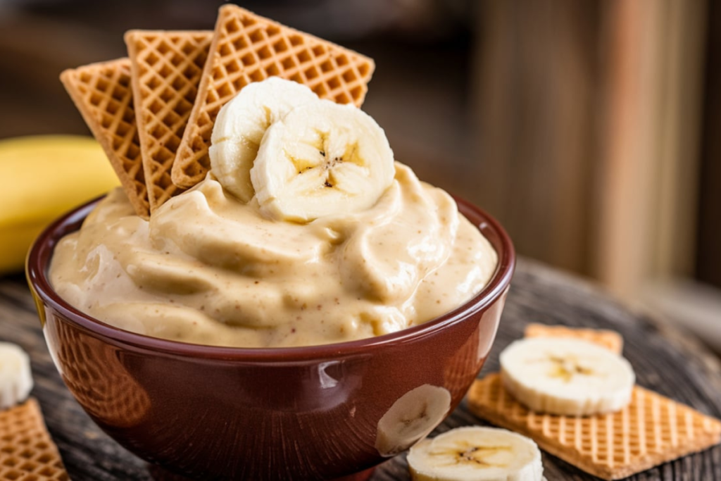 A bowl of creamy banana instant pudding topped with banana slices and vanilla wafers.