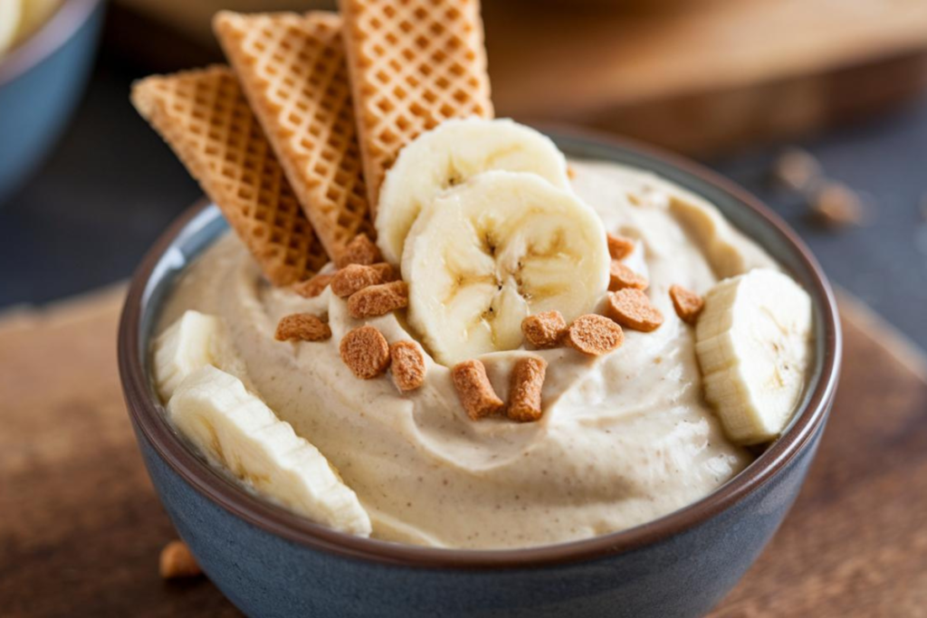 A bowl of creamy banana instant pudding topped with banana slices and vanilla wafers.