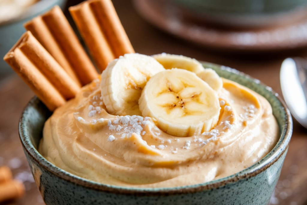 A bowl of creamy banana instant pudding topped with banana slices and vanilla wafers.