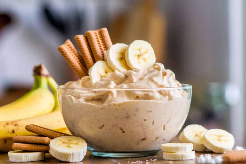 A bowl of creamy banana instant pudding topped with banana slices and vanilla wafers.