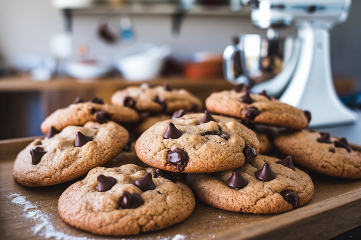 A batch of freshly baked cake mix cookies with chocolate chips on a wooden tray.