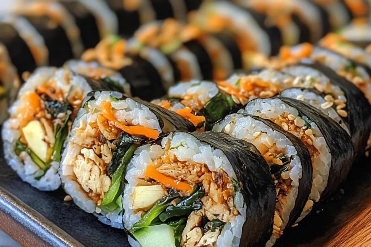 A neatly sliced roll of Gimbap with colorful vegetables and beef filling, presented on a wooden board.