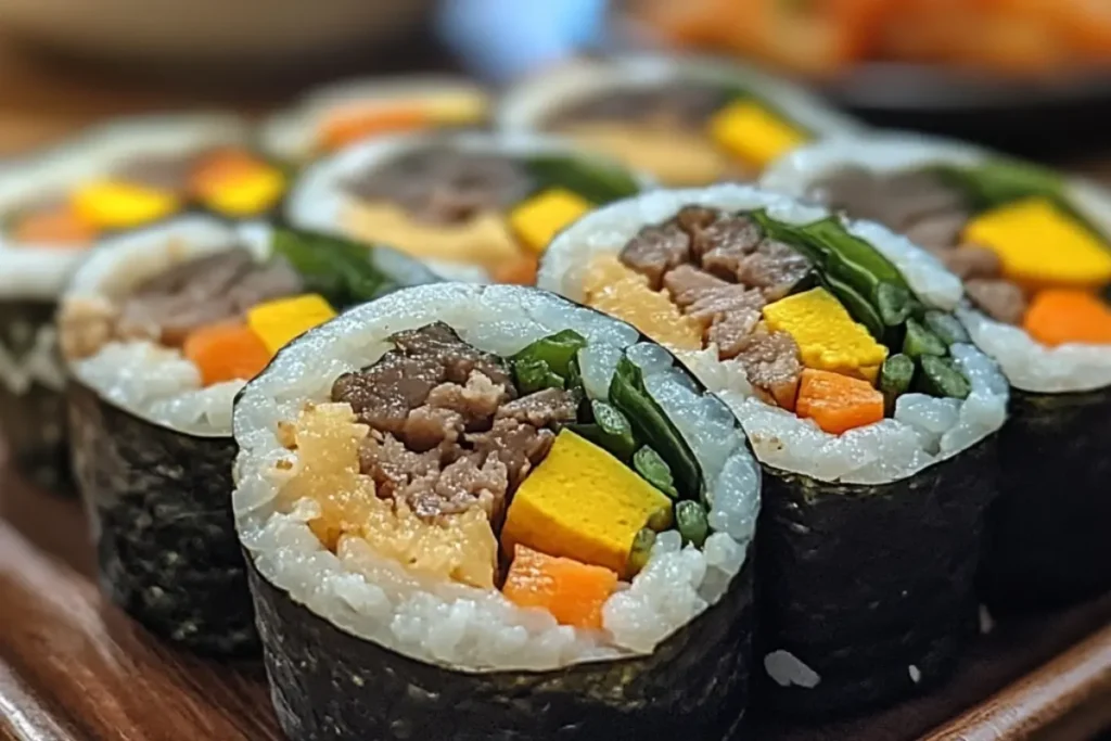 A neatly sliced roll of Gimbap with colorful vegetables and beef filling, presented on a wooden board.