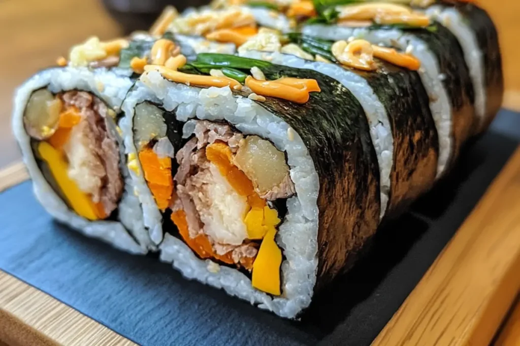 A neatly sliced roll of Gimbap with colorful vegetables and beef filling, presented on a wooden board.