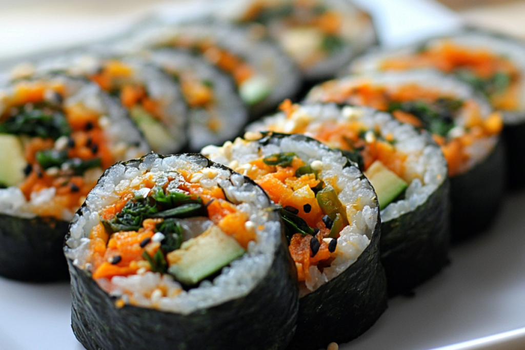 "Side-by-side comparison of gimbap and sushi rolls on a wooden platter."