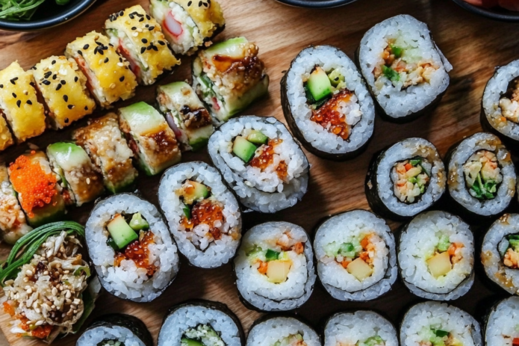 "Side-by-side comparison of gimbap and sushi rolls on a wooden platter."