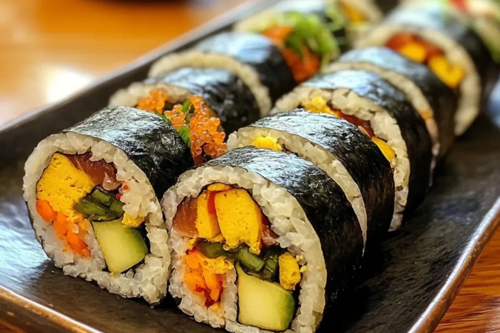 "Sushi and gimbap rolls side by side on a wooden platter."