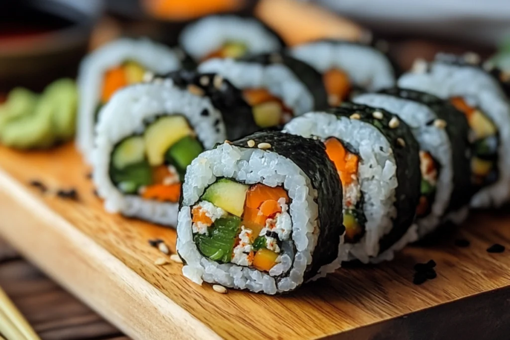 "Sushi and gimbap rolls side by side on a wooden platter.