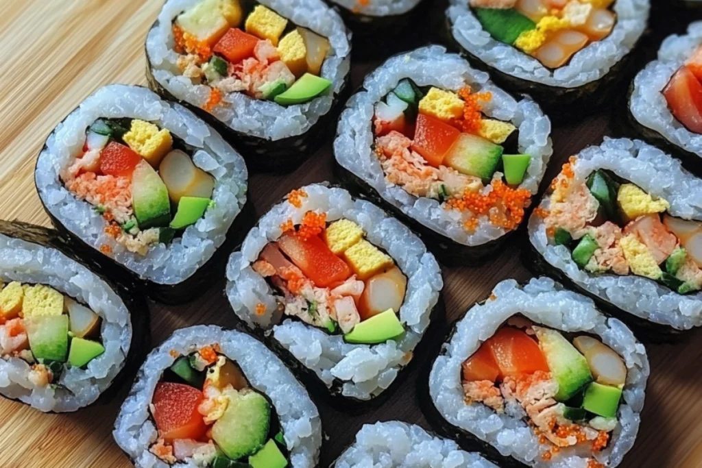 "Sushi and gimbap rolls side by side on a wooden platter."