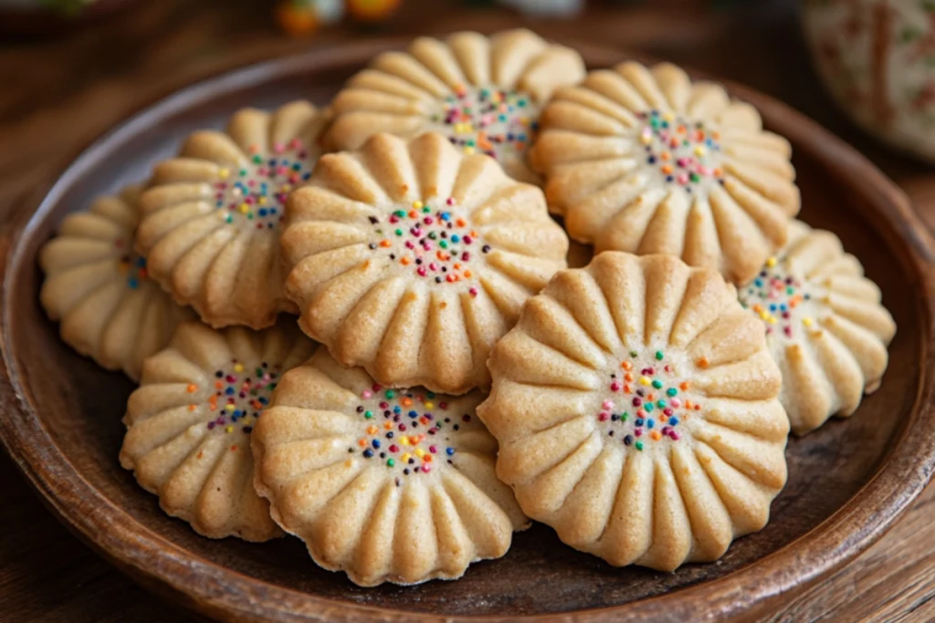 Assorted traditional Mexican cookies including Polvorones and Marranitos on a colorful plate.