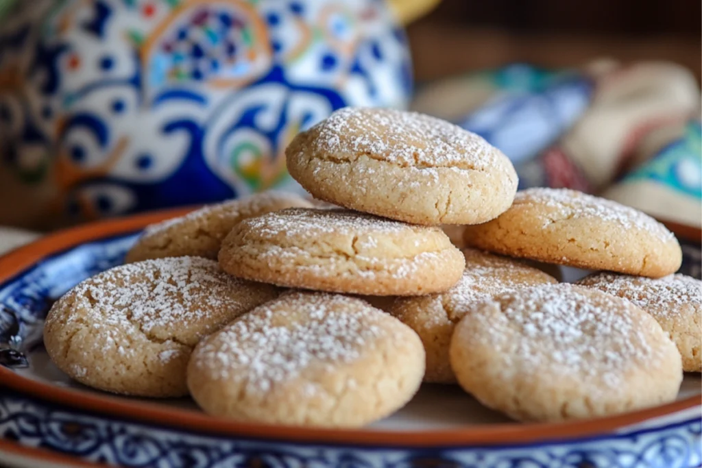 Assorted traditional Mexican cookies including Polvorones and Marranitos on a colorful plate.