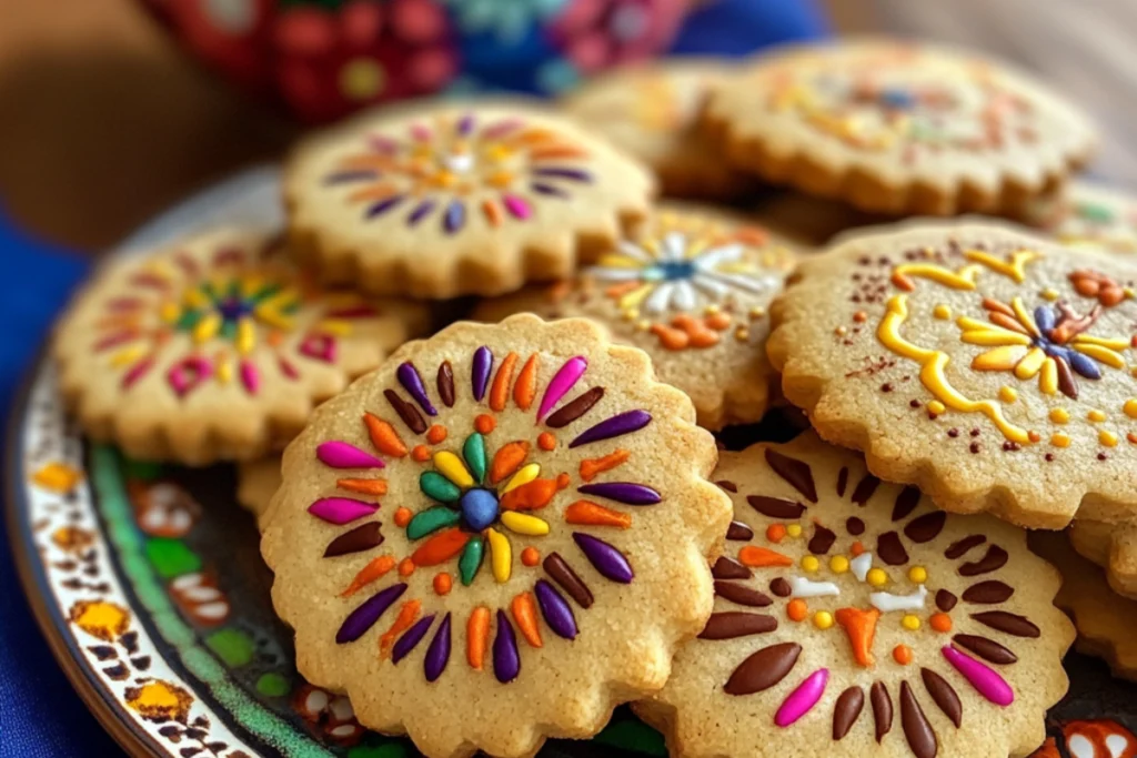 Assorted traditional Mexican cookies including Polvorones and Marranitos on a colorful plate.