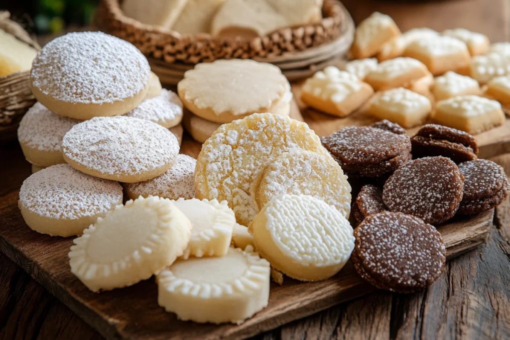 Assorted traditional Mexican sugar cookies, including Polvorones and Marranitos, on a rustic wooden table.