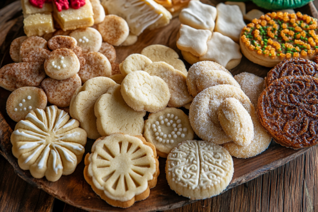 Assorted cookies including chocolate chip, oatmeal raisin, and gingerbread on a rustic wooden table.