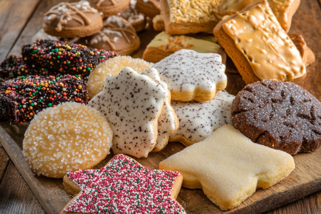 Assorted cookies including chocolate chip, oatmeal raisin, and gingerbread on a rustic wooden table.