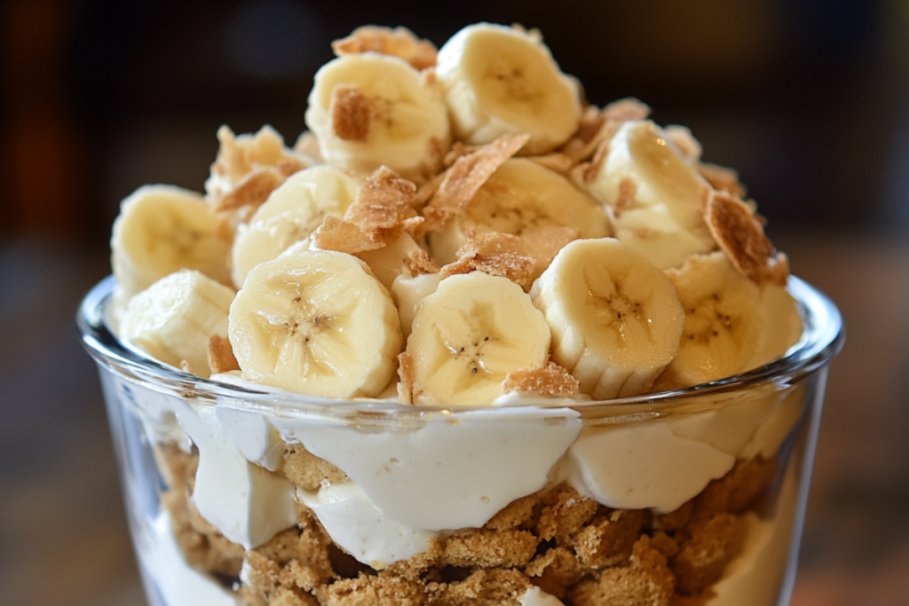 Creamy banana pudding topped with fresh bananas and vanilla wafers, served in a glass bowl.