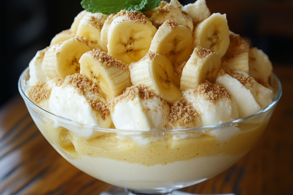 Creamy banana pudding topped with fresh bananas and vanilla wafers, served in a glass bowl.