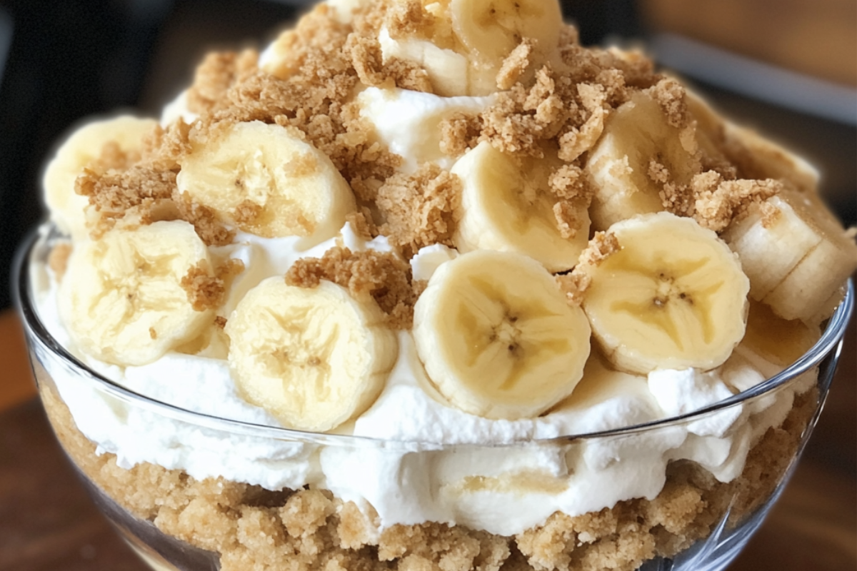 Creamy banana pudding topped with fresh bananas and vanilla wafers, served in a glass bowl.