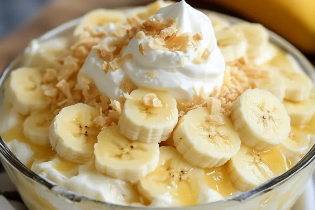 Bowl of homemade banana pudding topped with vanilla wafers