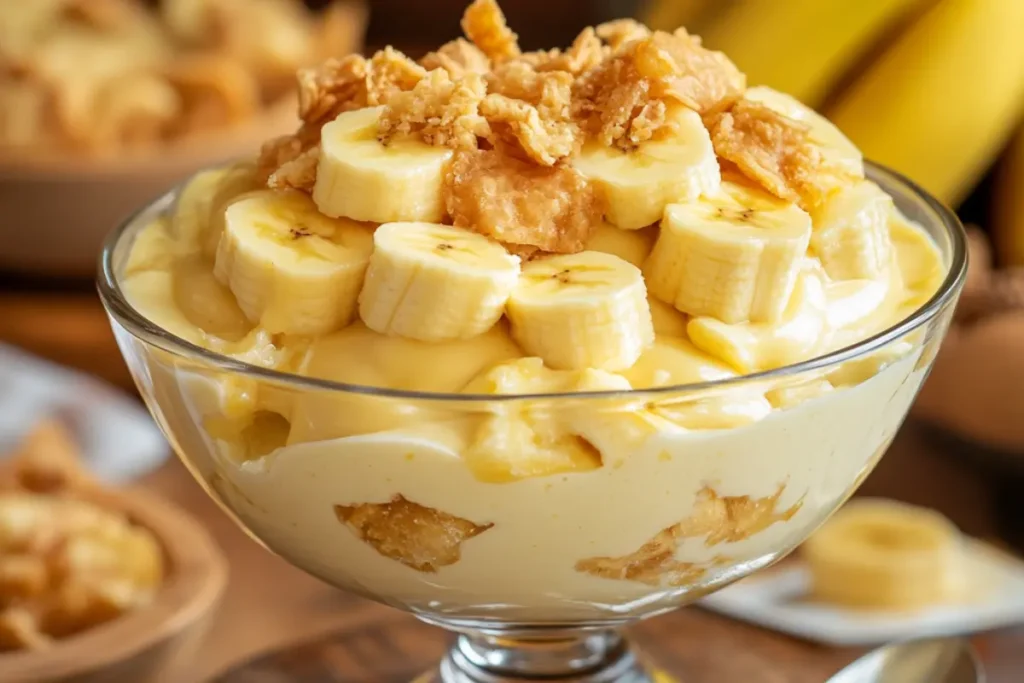 A delicious serving of layered banana pudding topped with whipped cream and banana slices.