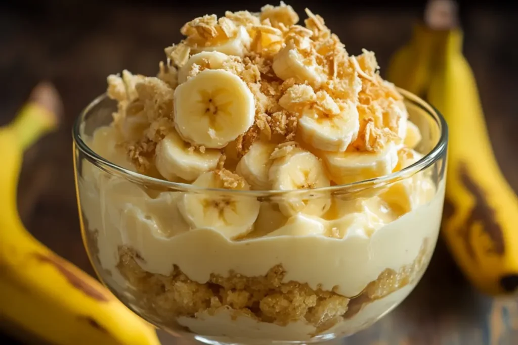 A bowl of creamy banana instant pudding topped with fresh banana slices and vanilla wafers.

