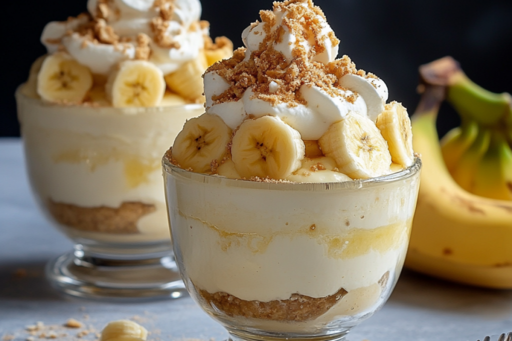 A delicious serving of layered banana pudding topped with whipped cream and banana slices.