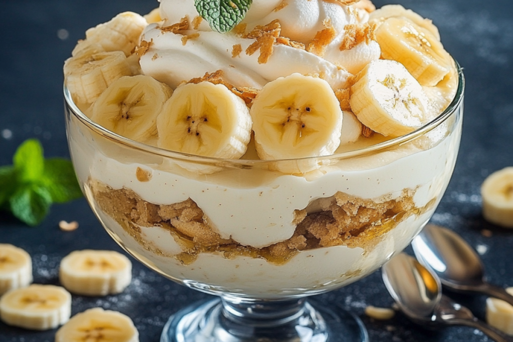 A delicious serving of layered banana pudding topped with whipped cream and banana slices.