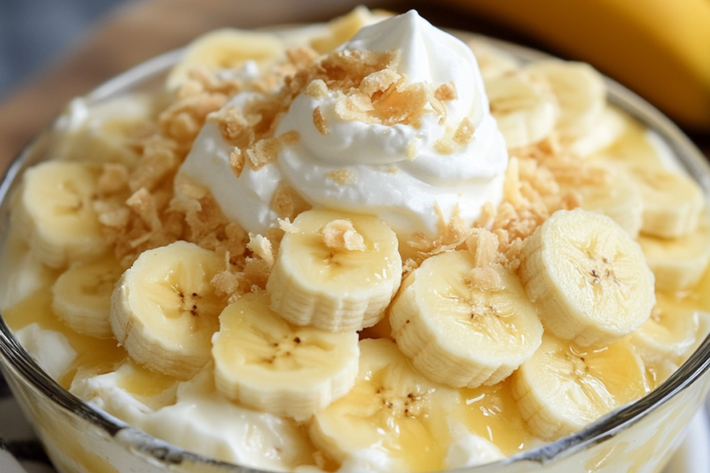 A bowl of creamy banana instant pudding topped with fresh banana slices and vanilla wafers.