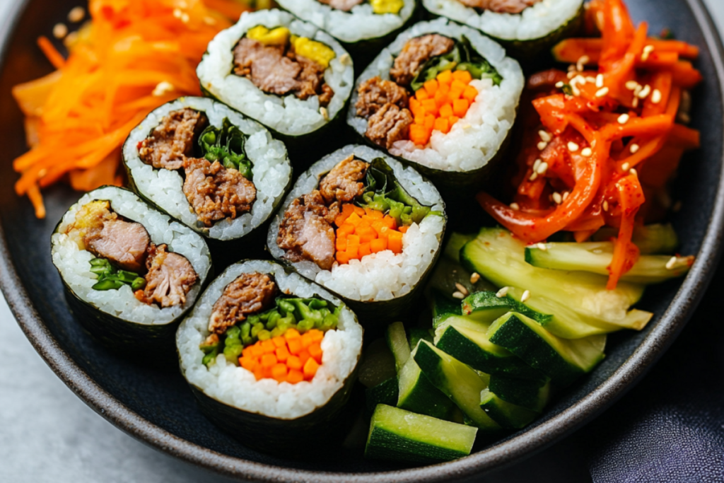 "Plate of sliced Kimbap rolls with colorful vegetable and protein fillings."