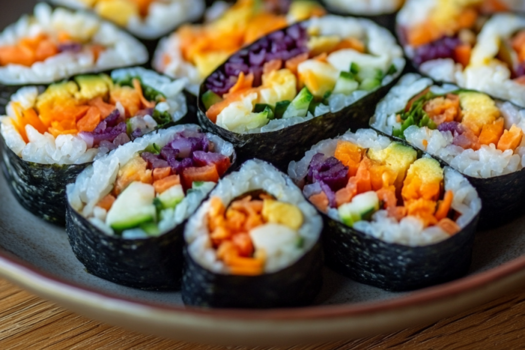 A vibrant plate of Kimbap rolls showcasing a variety of vegetables and proteins, offering a visual appeal to this Korean dish's healthiness.