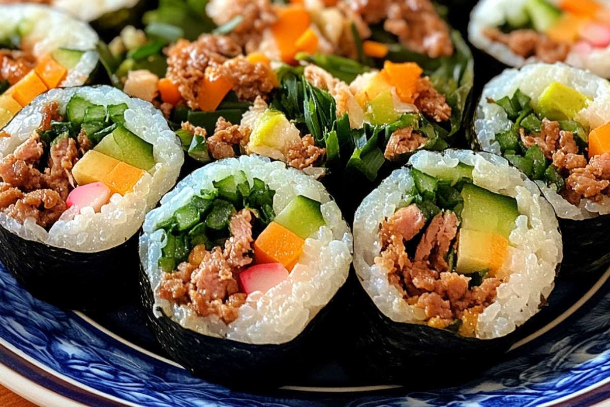 A sliced Kimbap roll with colorful vegetables and rice, showcasing the traditional Korean dish's ingredients.