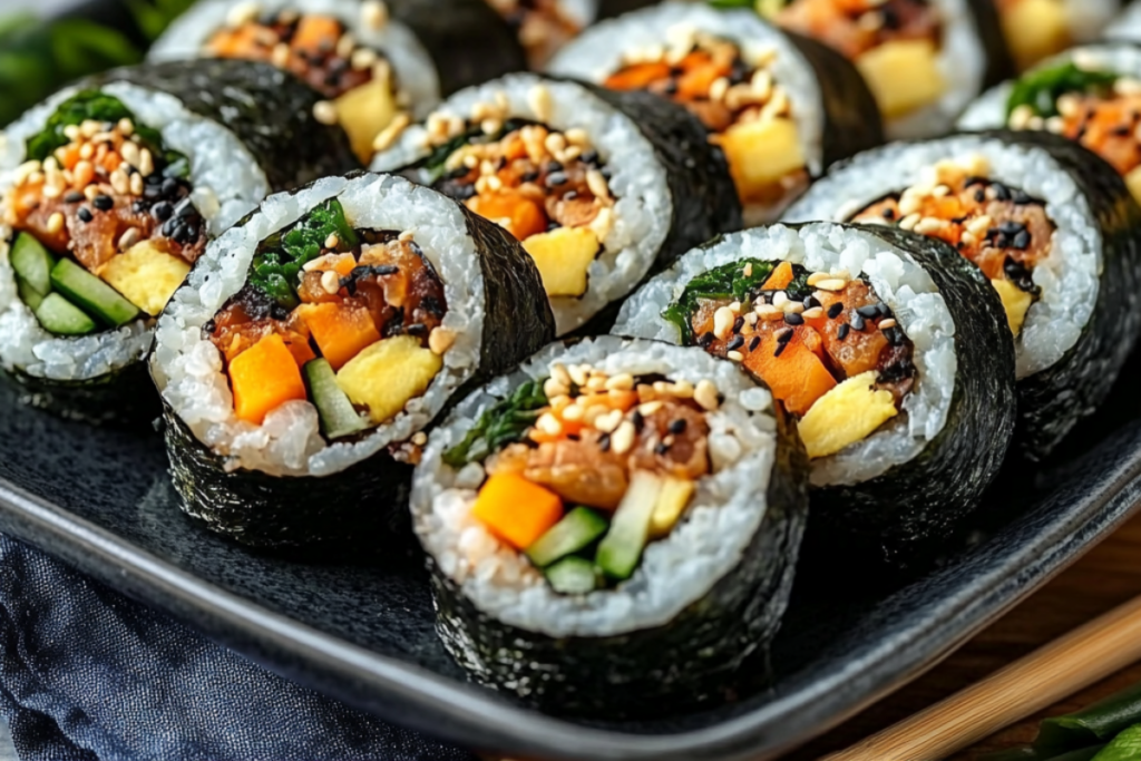 Kimbap and Sushi rolls on a serving platter, showcasing the differences in ingredients and presentation.