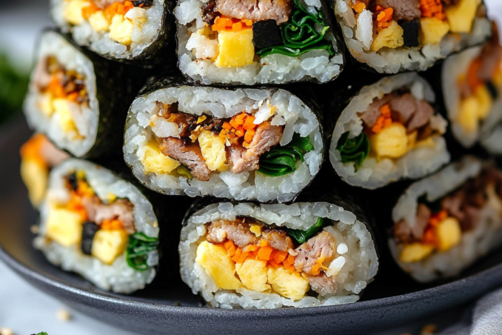 Kimbap and Sushi rolls on a serving platter, showcasing the differences in ingredients and presentation.