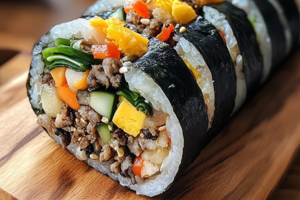 A sliced Kimbap roll with colorful vegetables and rice, showcasing the traditional Korean dish's ingredients.