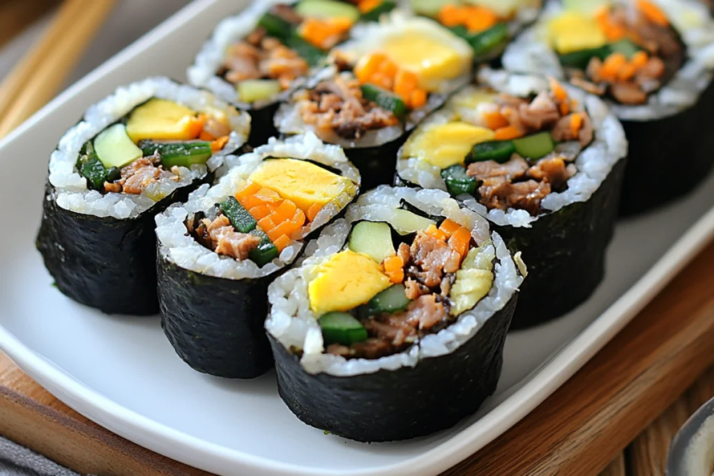 A sliced Kimbap roll with colorful vegetables and rice, showcasing the traditional Korean dish's ingredients.