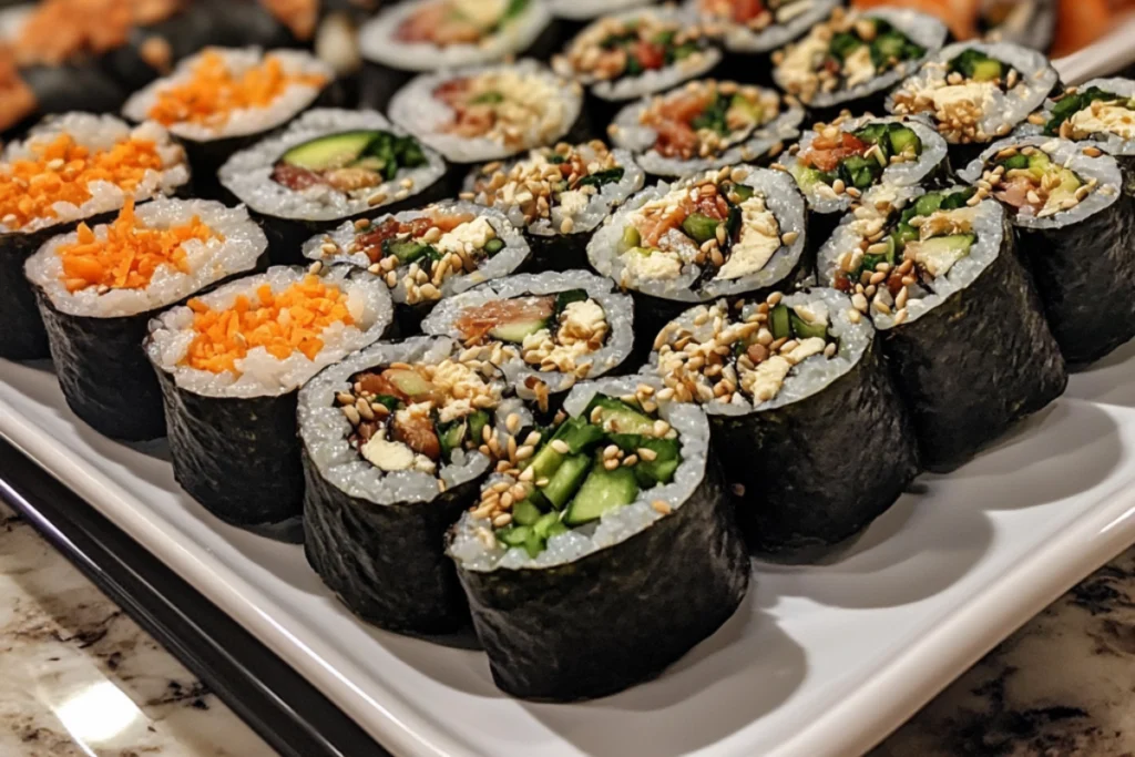 Kimbap and Sushi rolls on a serving platter, showcasing the differences in ingredients and presentation.